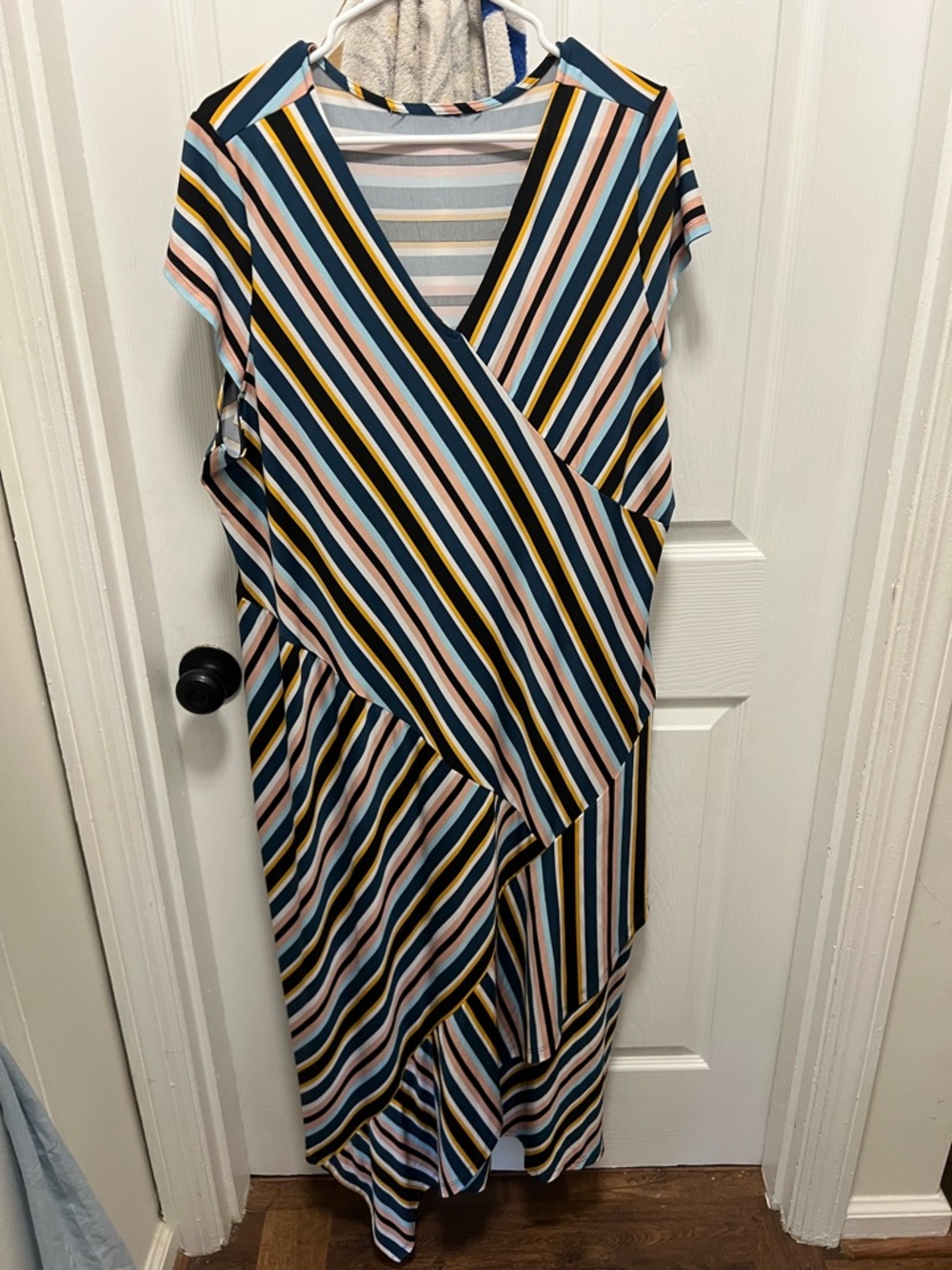 Striped Wrap-Style Midi Dress in Blue, Pink & Yellow